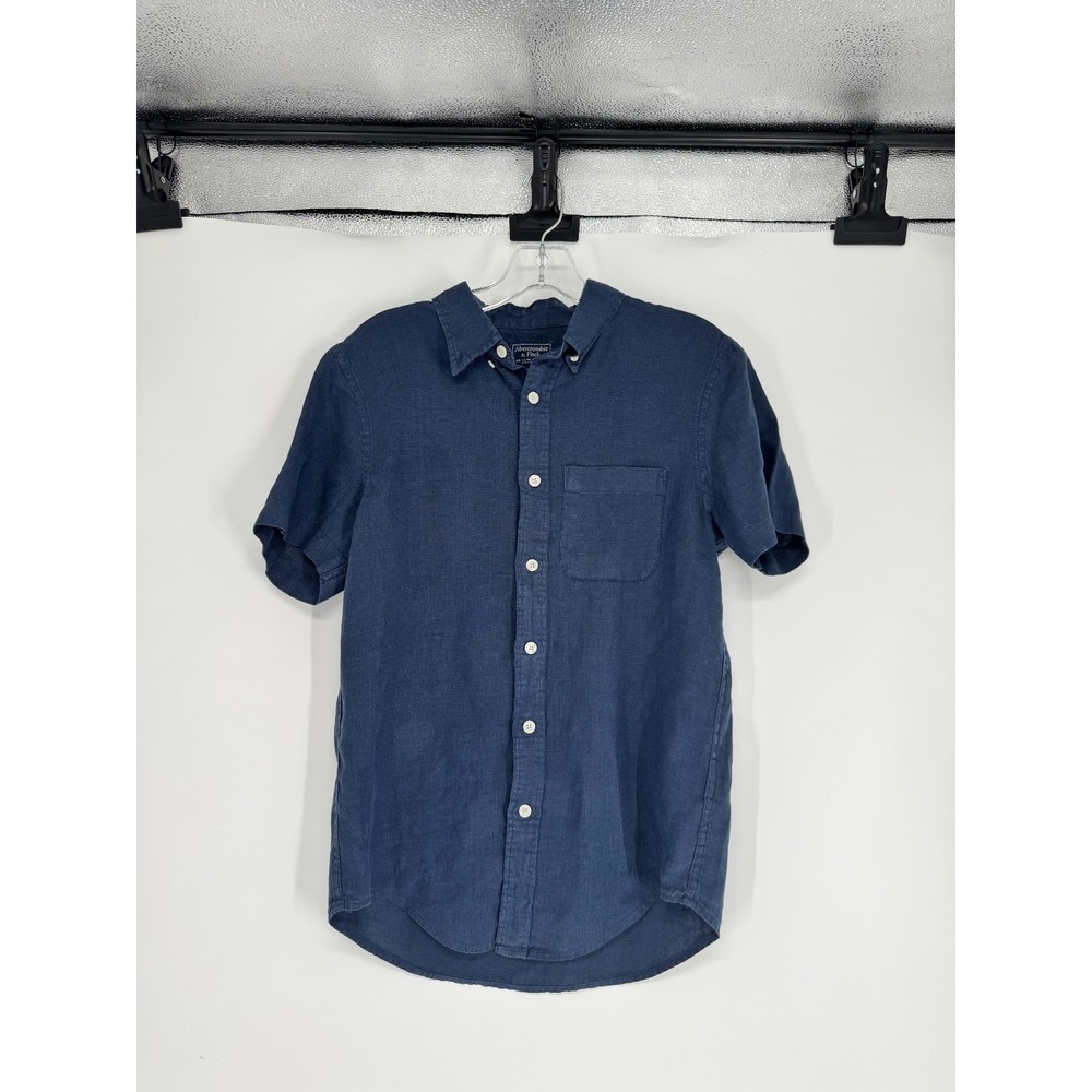 Abercrombie & Fitch Shirt Mens Small Navy 100% Linen Short Sleeve Button Down